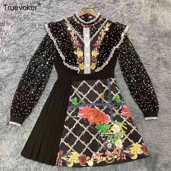 

truevoker spring high street runway party dres's sequins long sleeve print crystal mini black mujer festa vestido 210602, Black;gray