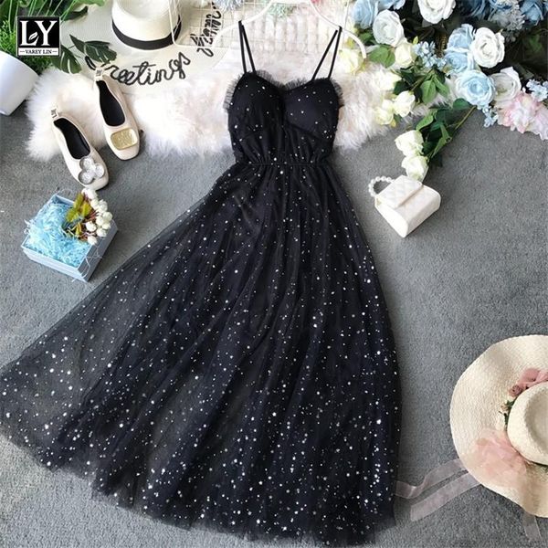 

casual dresses ly varey lin 2021 women summer stars v-neck sleeveless vestidos dress equined party mesh patchwork long, Black;gray