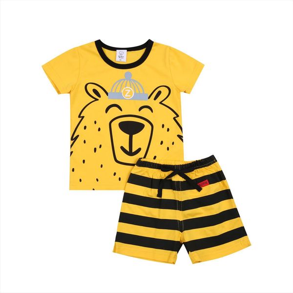 

childrens clothing set, cartoon print short sleeve round neck t shirt and stripe shorts two piece suit for birthday party, White