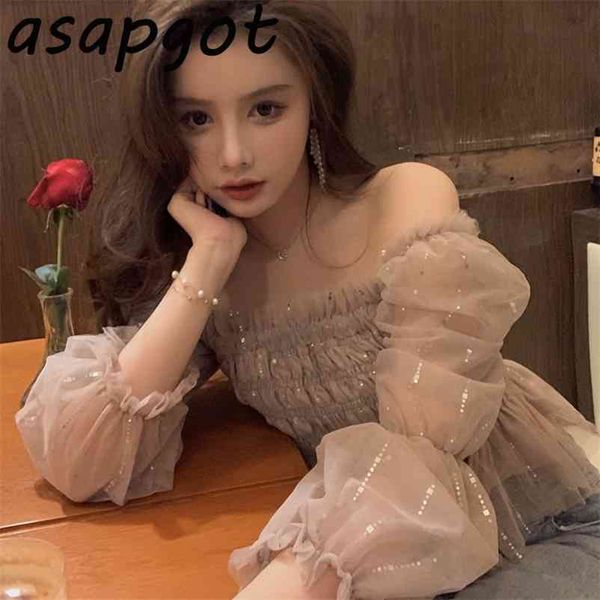 

temperament chic korean puff sleeve chiffon blouse women spring clothing fashion square neck pleated mesh shirts short 210401, White