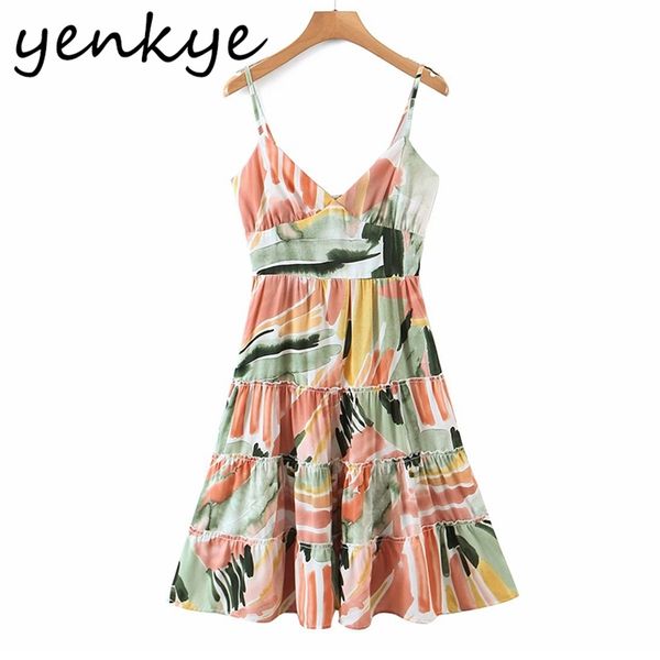 

multicolor print sling dress women v neck sleeveless sashes a-line chiffon sundress holiday summer beach vestido 210514, Black;gray
