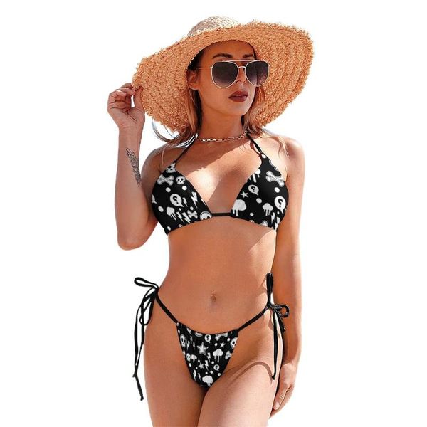 

one-piece suits skull bikini swimsuit front tie two piece swimwear teenager sweet rave bathing suit