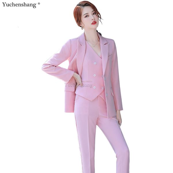 

women's suits & blazers 3 piece set women formal blazer vest and pant suit office lady uniform design pink blue khaki business, White;black