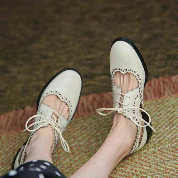 Sandels New Summer Women Shoes Split Leather Punta tonda Tacco basso Cover Brogues Sandali casual Primavera Autunno per donna 220303