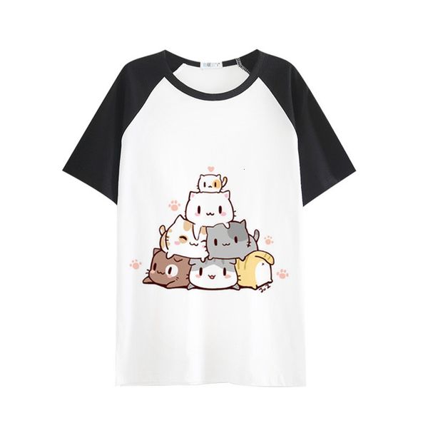 

summer kawaii white shirts for girl japanese anime comics men black tee shirt loose many cats print women cute