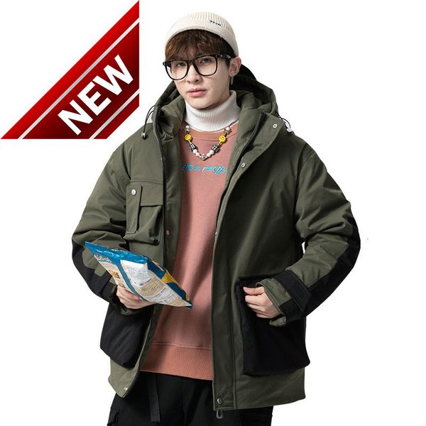 

new men color block hooded down jacket tooling parka men's winter stand collar warm thick soft fashion coat plus size, Black