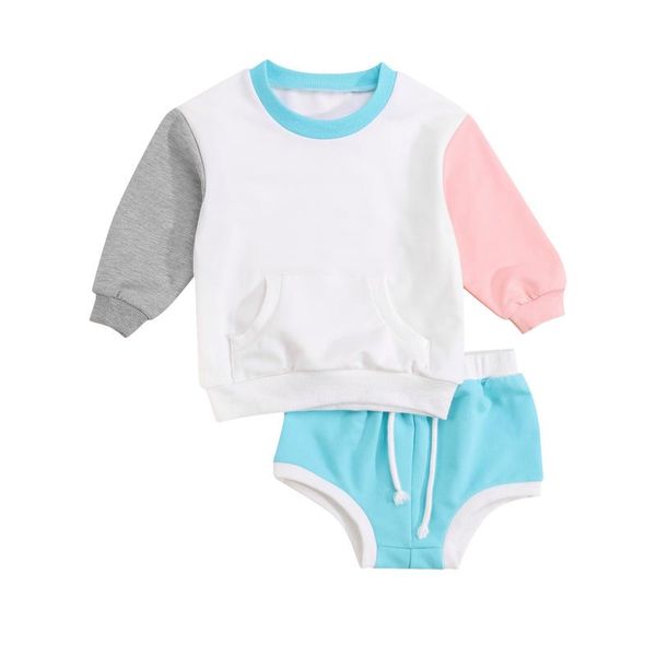

clothing sets 2pcs baby girl boy clothes set autumn girls boys lovely color patchwork long sleeve pullover pocket sweatshirt+shorts 0-24m, White