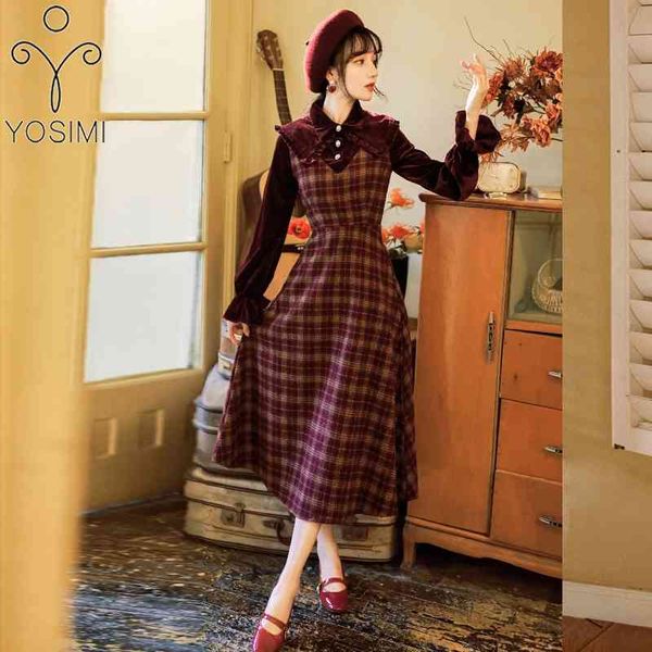 YOSIMI Vintage Plaid Abito da donna a metà polpaccio Autunno Inverno Stile Preppy Set falso Abiti in velluto a maniche lunghe Abiti eleganti 210604