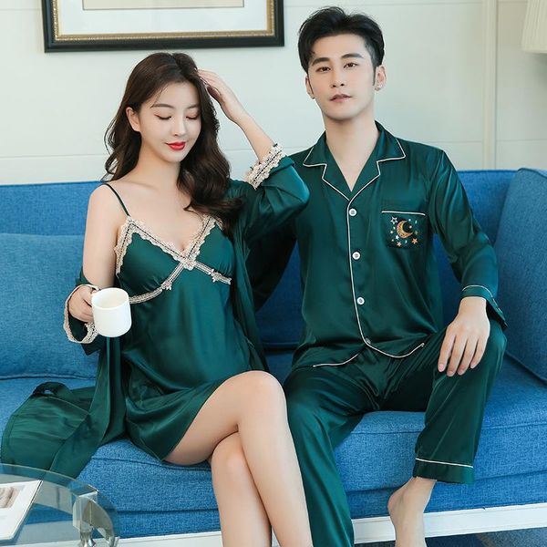 

women's sleepwear lovers' kimono bath gown loose couple nightwear home clothing satin men 2pcs sleep set rayon intimate lingerie, Black;red