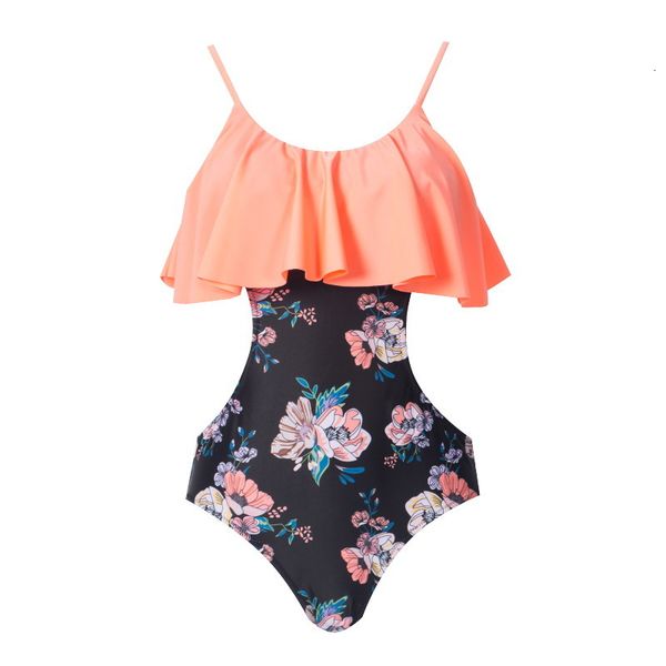 

powder piece black one shoulder strap flower printed bikini swimsuit, White;black