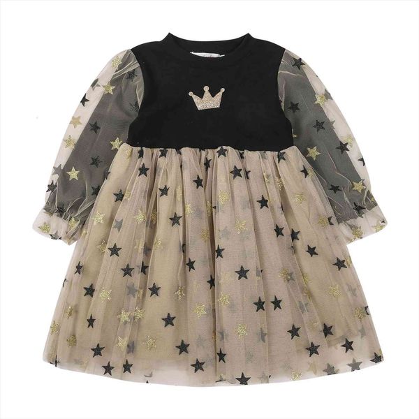 

spring kids girls knitted girl dress mesh long sleeve crown design stars patchwork autumn clothes, Red;yellow