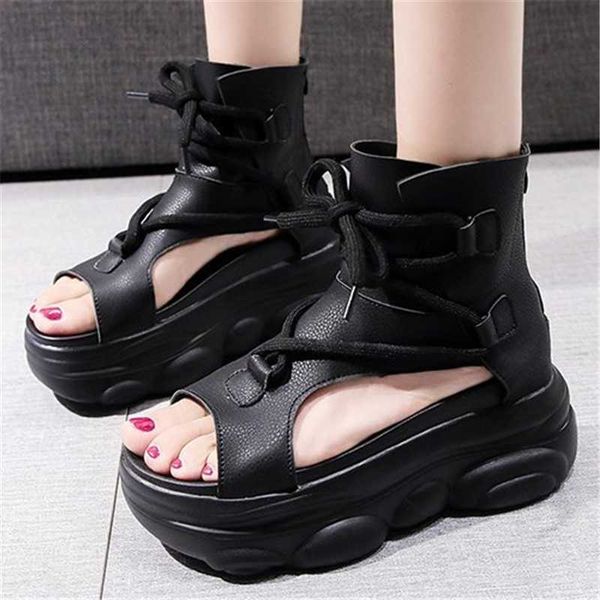 

sandals leisure lady platform chunky black beige cross-strap punk style women open toe beach casual shoes 8cm wedges high heels