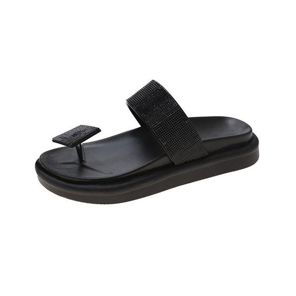 

rhinestone flip flops ladies slippers summer temperament wild thick-soled solid color beach shoes large size 35-40., Black