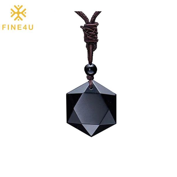 

pendant necklaces fine4u n871 black obsidian hexagram natural stone necklace translucent wolf tooth amulet couples lucky, Silver
