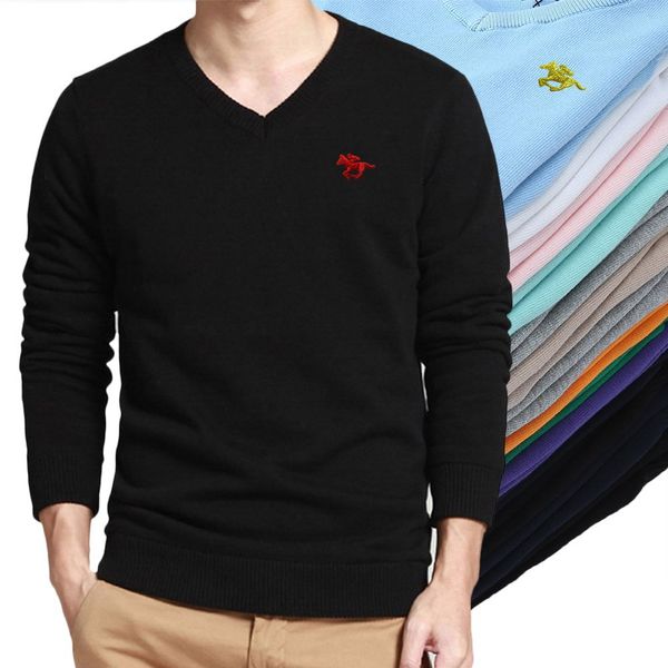 

2021 cotton sweater with men's embroidered polo , solid color tight casual wear, red dot, v-neck, autumn, 100% novel, White;black