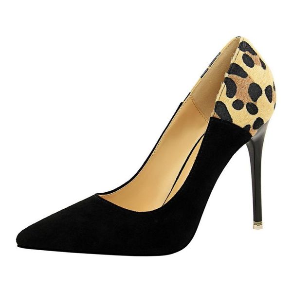 

dress shoes 2021 flock leopard high heels women's wedding ladies classic pointed toe woman fashion thin zapatos de mujer, Black