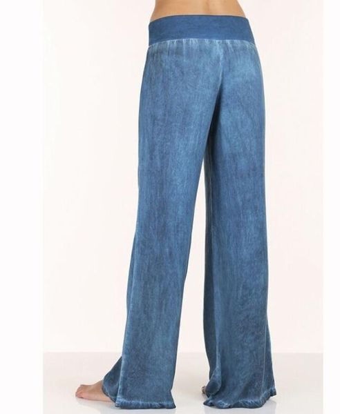 

european and american elastic waist jeans women's simple casual loose pants, Blue