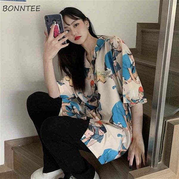 

blouses women retro print summer harajuku short sleeve oversized femme blouse trendy leisure all-match ladies shirts chic x0521, White