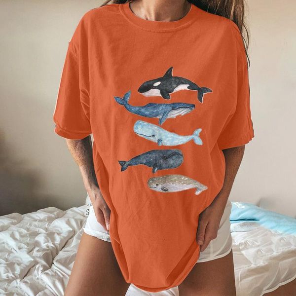 

orange casual woman t-shirts whale print short sleeve loose stretchy tee o-neck pullover summer clothing mujer camisetas women's t-shir, Black