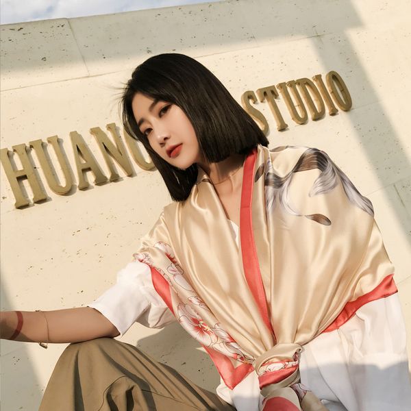 

scarves & wrap spring and summer korean style silk-like satin thin gauze air conditioning shawl beach towel sun protection by the sea scarf, Blue;gray