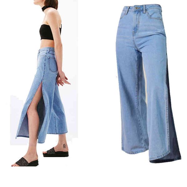 

women's jeans shengpalae fashion wide leg high waist woman loose ankle length cool split open side denim pants summer za3940 c1e3, Blue