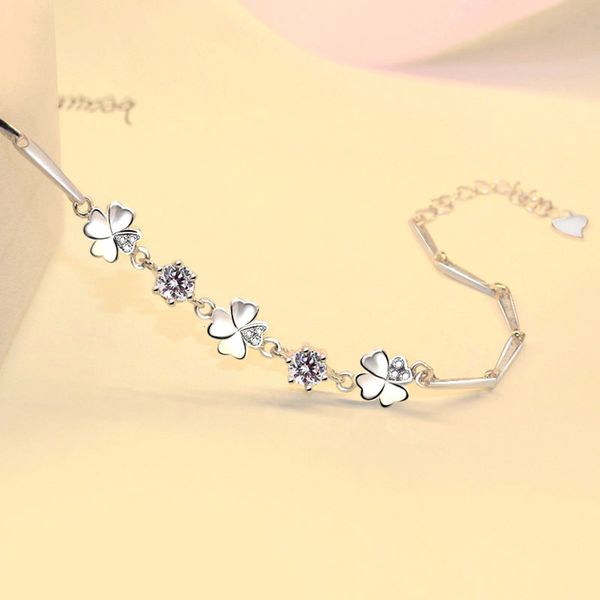 

bracelet bracelet crystal four leaf grass simple fashion pure silver jewelry 925 zircon lucky, Black