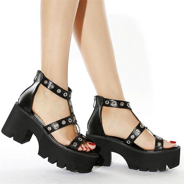 

ankle strap summer fashion metal ring women sandals open toe platform shoes high thick heels female unique party 35-42, Black