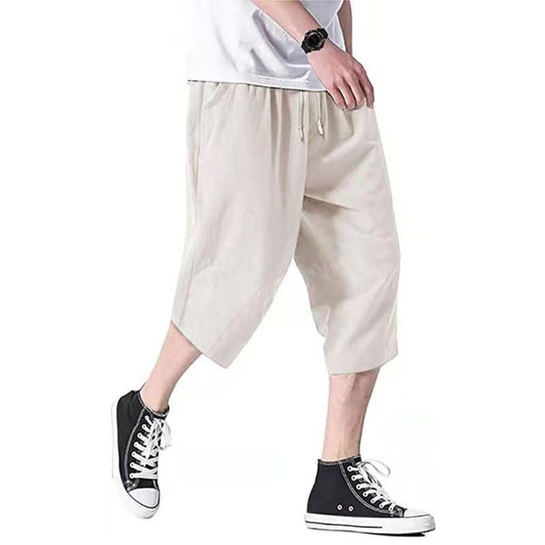 

men's pants spring and summer loose men cropped broek effen color random straight wijde pipe cord pocket all-match, Black
