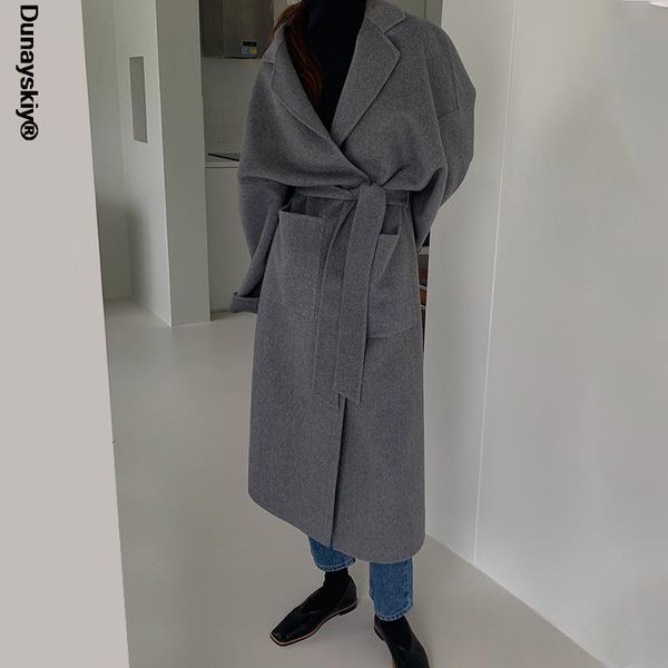 

women's wool & blends autumn winter women long woolen coat with belt full sleeve turn down collar minimalist ladies overcoat elegant ca, Black