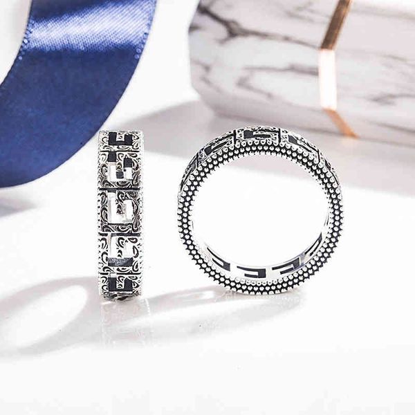

925 square pattern ancient narrow hollow ring thai silver effect male and female couple pair