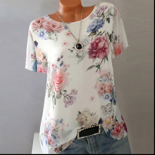 

vintage flower print womens blouses short sleeve chiffon casual white elegant ladies summer blouse plus size 5xl
