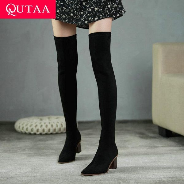 

boots qutaa 2022 women over the knee high slip on winter shoes square heel pointed toe size 34-43, Black