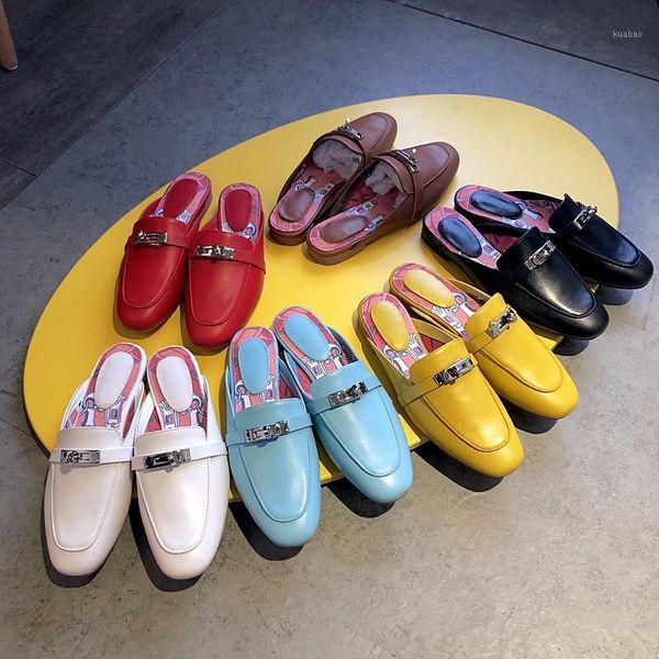 

spring leather slippers wild fashion metal buckle baotou wear half1, Black