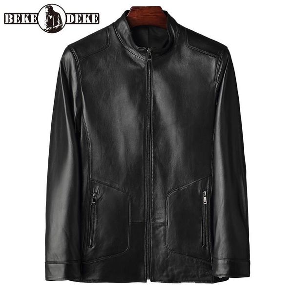 

men's leather & faux 2021 spring business man sheepskin genuine jacket stand collar plus size 5xl office men outwear coat slim fit, Black