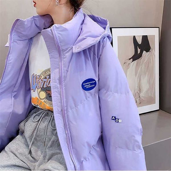 

women candy colors winter hooded puffer jacket female loose long sleeve coat harajuku warm oversize parkas purple white pink 211130, Black
