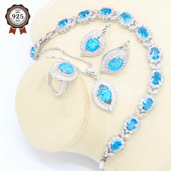 Blauer australischer Opal, Ohrringe, Halskette, Anhänger, Ring, silberfarben, Schmuckset für Frauen, Zirkon-Armband, Geschenkbox H1022