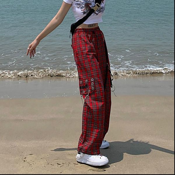 

aesthetic punk korean plaid harajuku women pant streetwear wide leg cargo hip hop chain trousers y2k, Black;white