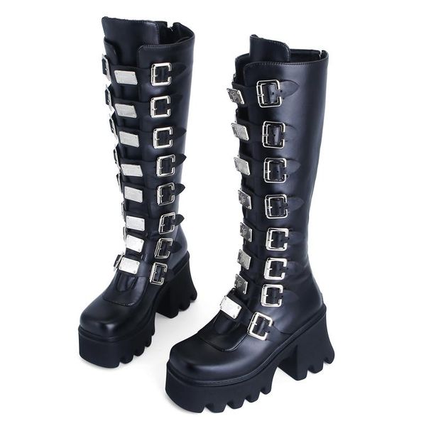 

boots ladies high heels knee women autumn winter platform punk goth motorcycle demonia shoes bottes plateforme femme, Black