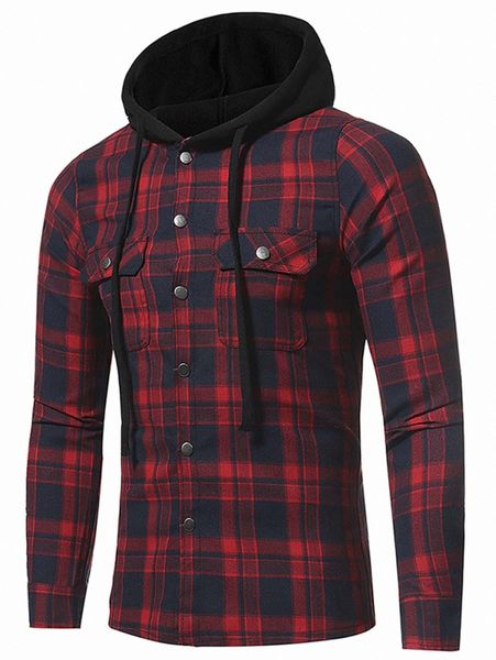 

men plaid flap pocket button front drawstring hooded coat u4vg#, Black;brown