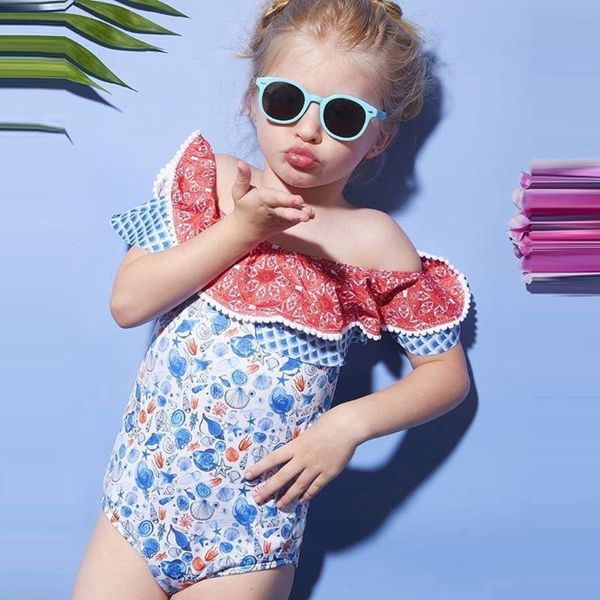 

girls swimwear toddler kids baby off shoulder print ruffled lace swimsuit girl one-pieces, Black