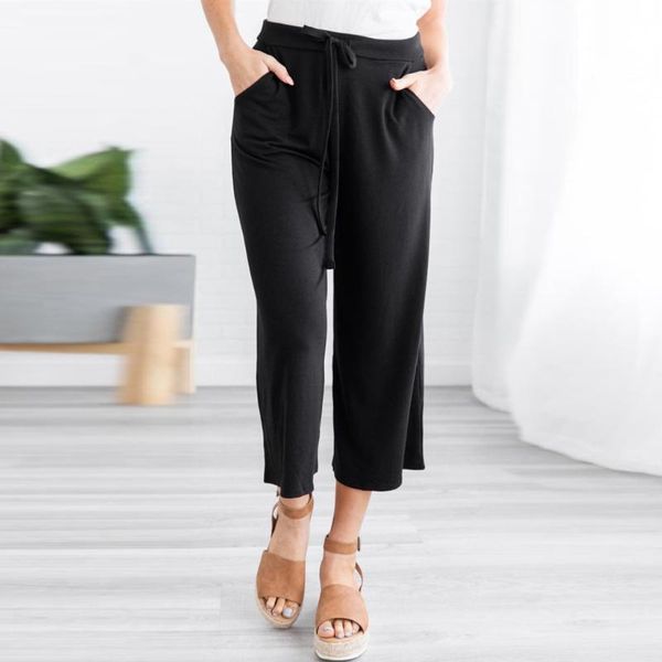 

women's pants & capris fashion wide leg long casual summer flare high waist elastic solid loose culotte trousers cropped #4, Black;white