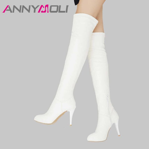 Annymoli High Heel sobre as botas do joelho coxa botas altas mulheres botas de inverno rodada dedo do pé sapatos longos zip sexy sapatos femininos branco y0914