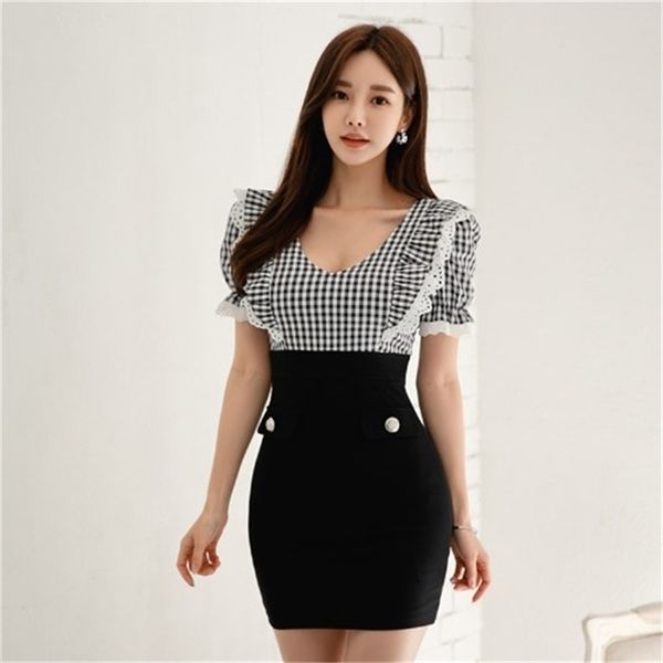 

summer ladies temperament houndstooth bag hip slim dress office lady sleeveless knee-length 210416, Black;gray