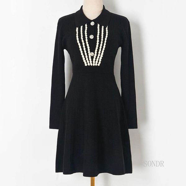 

casual dresses black knit dress for women 2021 fall winter sweater collar buttons appliques a line pleated vintage vestidos, Black;gray