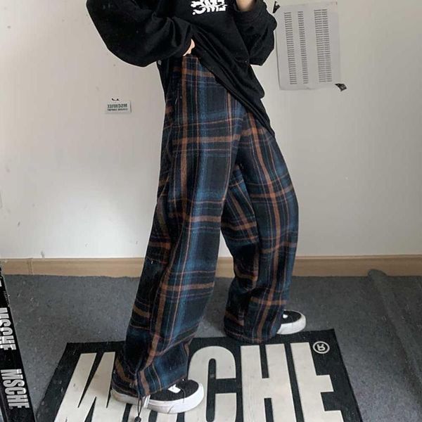 

women's pants & capris big plaid wide leg opening women men elastic waist streetwear girl, Black;white