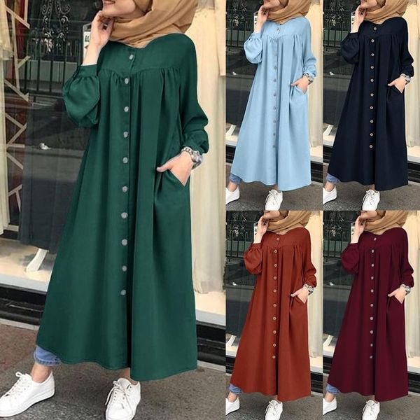 

plus size muslim dresses 2021 woman shirt dress long sleeve maxi vestidos female button robe high wasit solid sundress, Black;gray