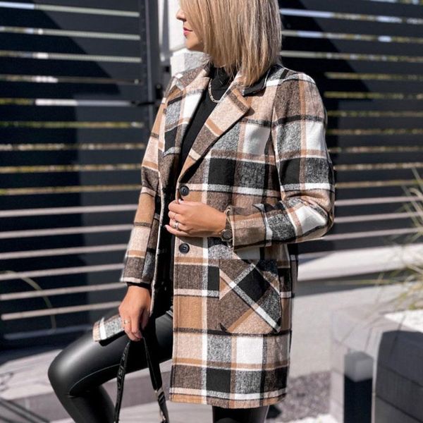

women's wool & blends women long coats single-breasted plaid blazer parkas outwear elegant winter warm jacket lady thick overcoat woole, Black
