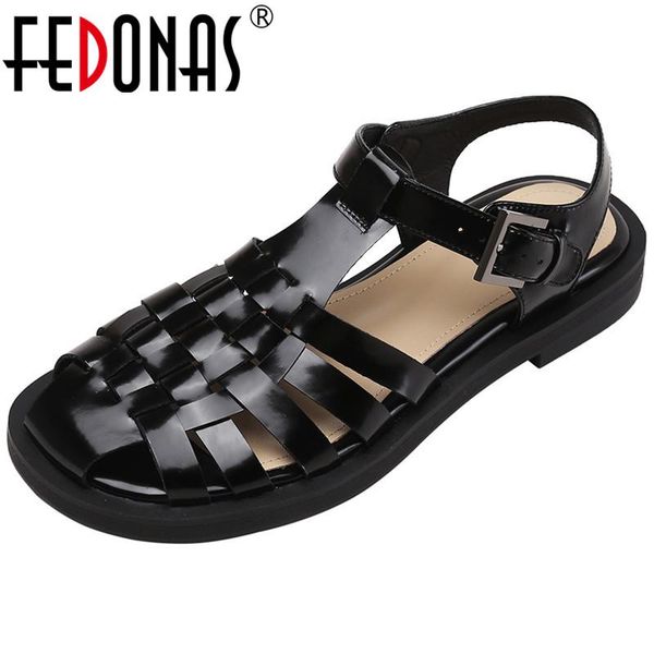 

sandals fedonas round toe shoes woman 2021 summer buckle genuine leather chunky heels pumps for women office lady basic, Black