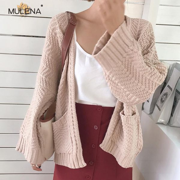 

women's sweaters mulena spring loose short sweater women cardigans knitted casual solid full sleeves pocket open stitch ladies coats, White;black
