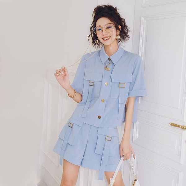 

women's tracksuits short sets sky blue ol commute korean type office lady streetwear retro style women summer suit blouse shorts, Gray